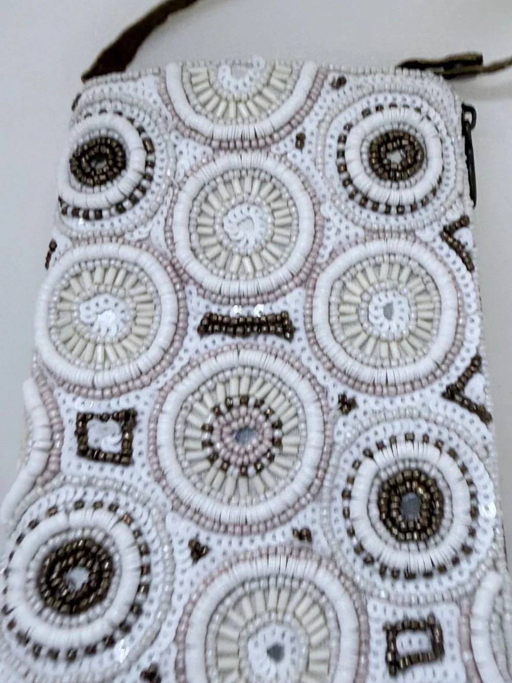 The Club Bag from Bamboo Trading Co. Beaded. White & Gold for Phone and Wallet